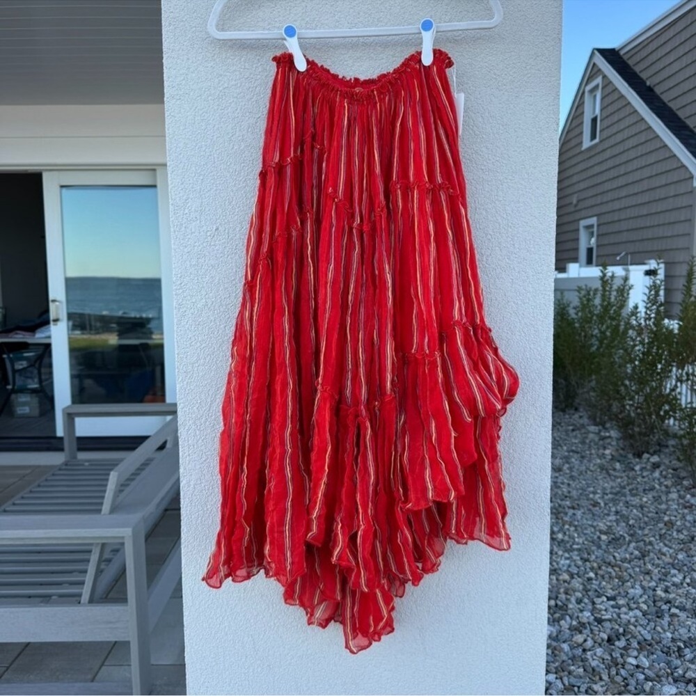 New Free People FP One Ember Printed Striped Midi Skirt Red XS